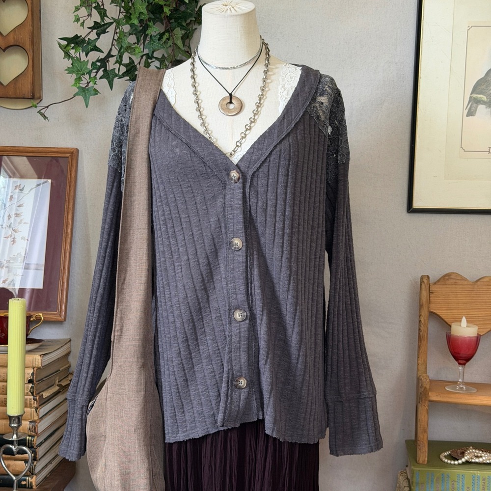 Gray Lace Shoulder Ribbed Cardigan Boho Grunge Fairycore Button Up Dark Romantic